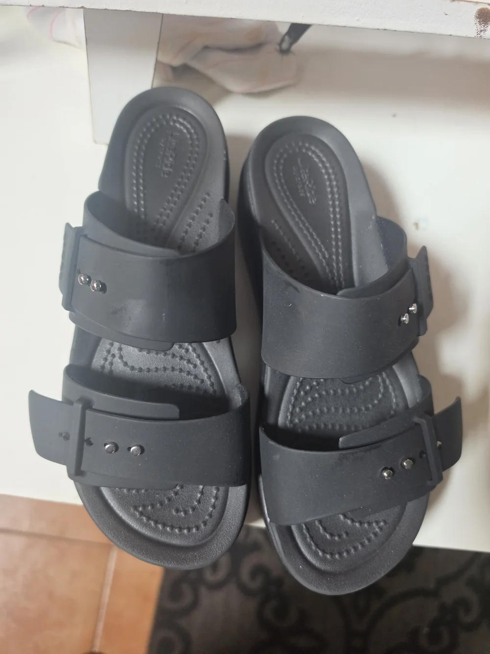 CROCS Black Double-Strap Slide Platform Wedge Sandals with Buckle Accents